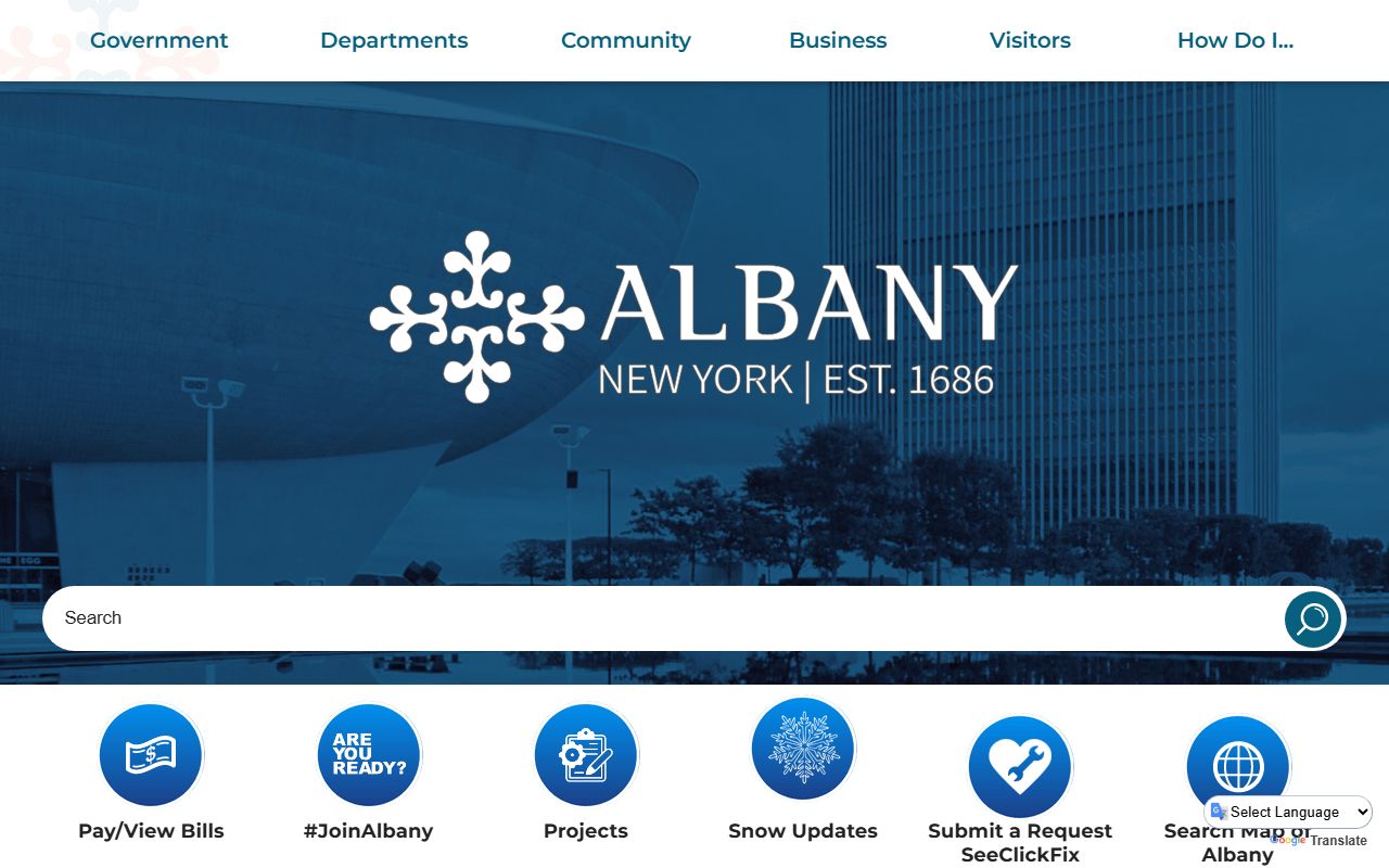 Albany city government website showing departments and services for residents