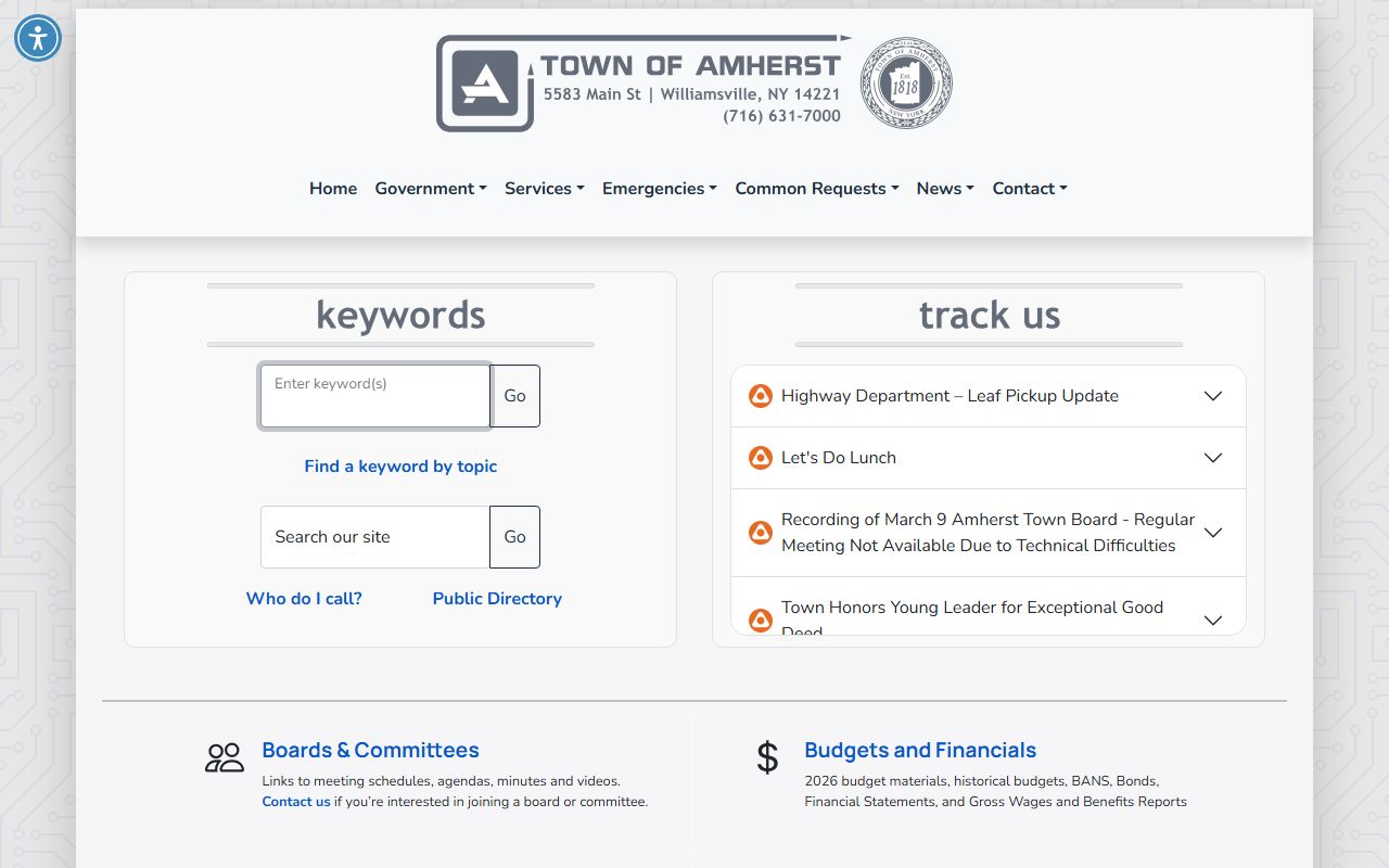 Amherst town government website showing departments and services for residents