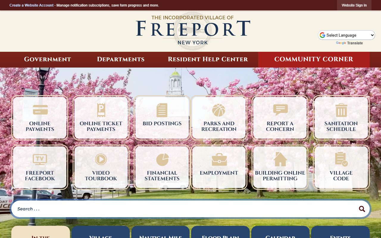 Village of Freeport government website showing services and information for the residents directory