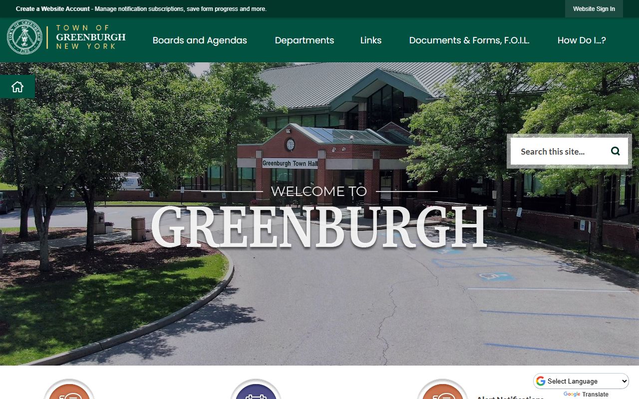 Greenburgh town government website showing departments and services for residents