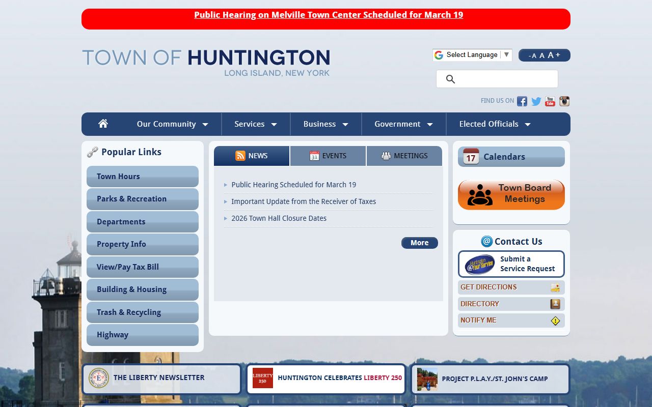 Town of Huntington official website showing government services and public records access