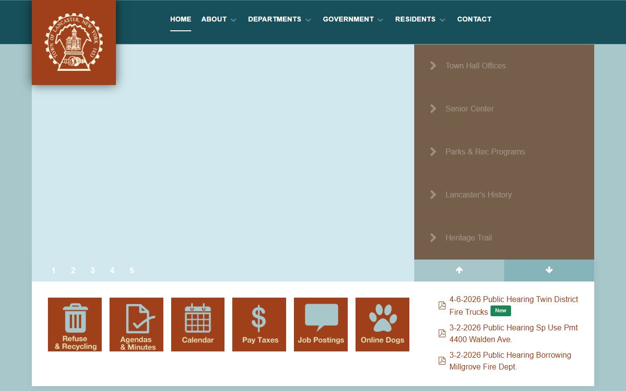 Town of Lancaster government website showing services and resources for the residents directory