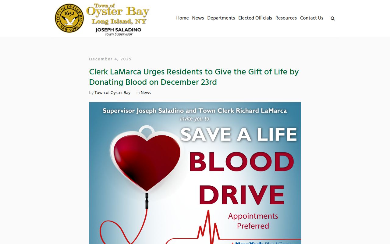 Oyster Bay Town Clerk page showing services including vital records and marriage licenses