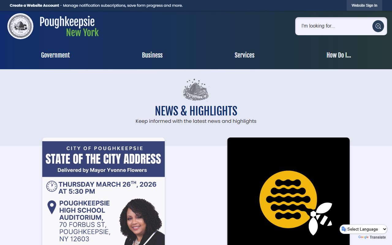 City of Poughkeepsie official website showing government services and public record access