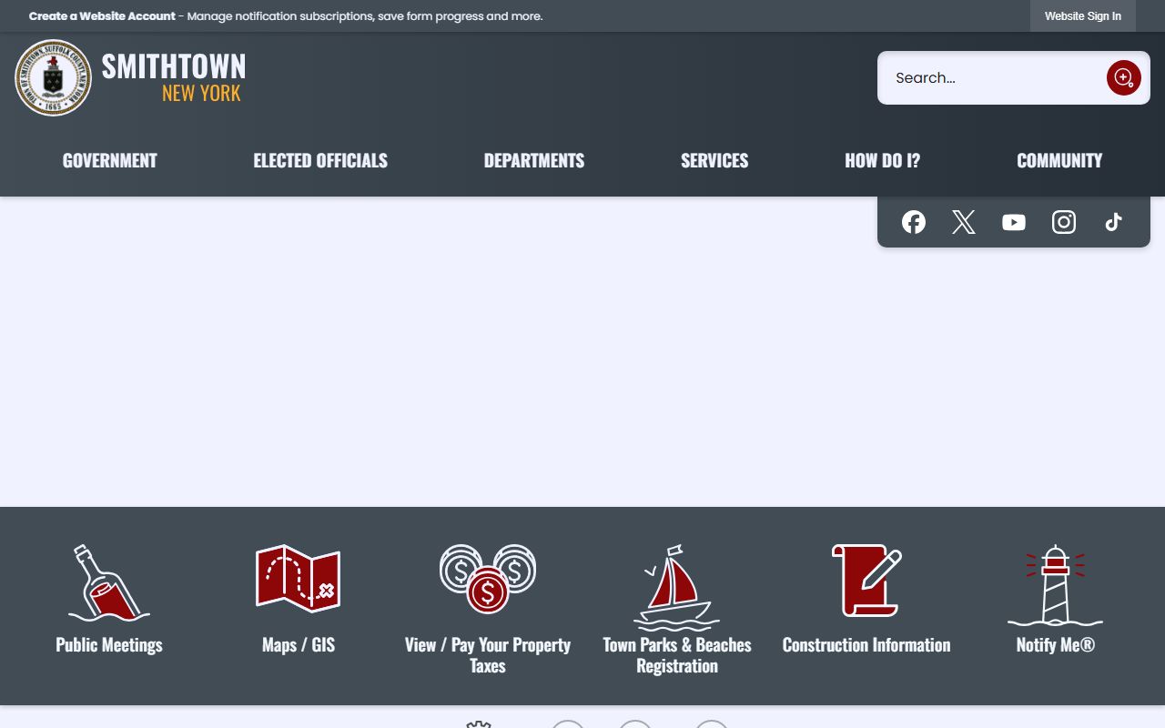 Smithtown town government website showing departments and services for residents