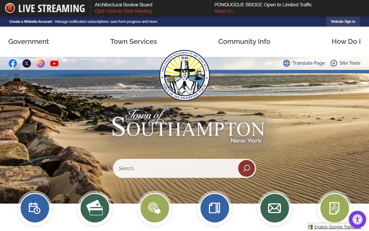 Southampton town government website showing departments and services for residents