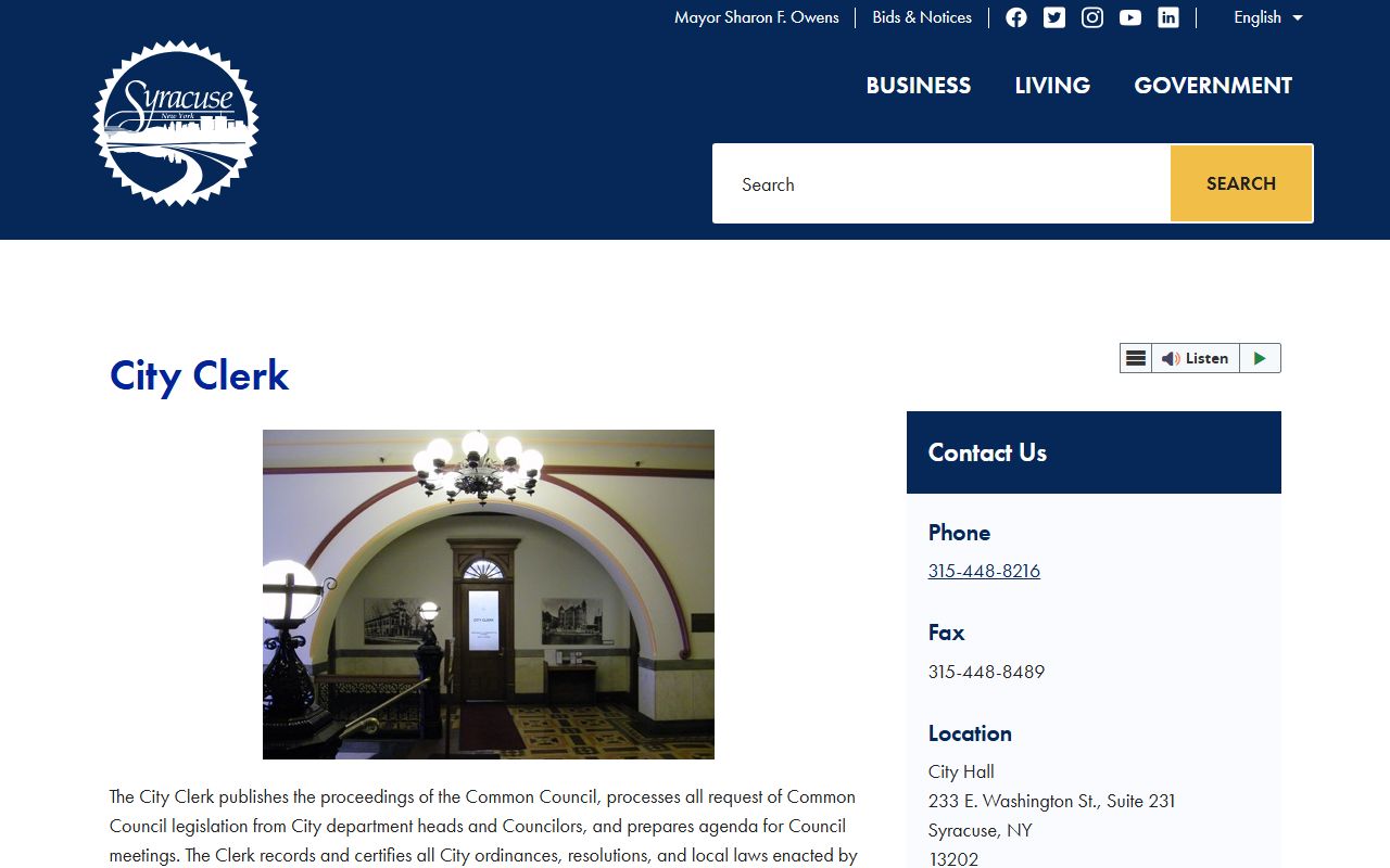 Syracuse City Clerk office page showing vital records and marriage license services