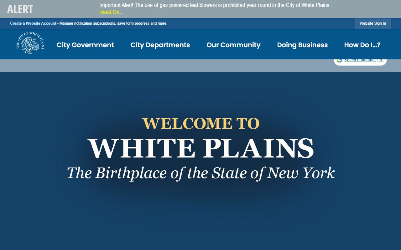 City of White Plains official website showing government services and department information