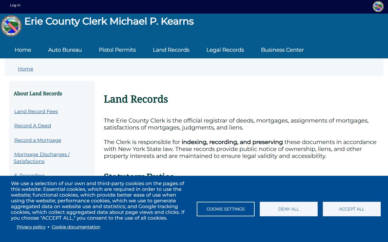 Erie County Clerk land records search portal showing the online lookup tool for deeds and mortgages
