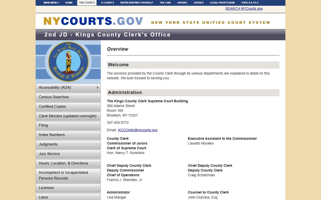Kings County Clerk office for the residents directory