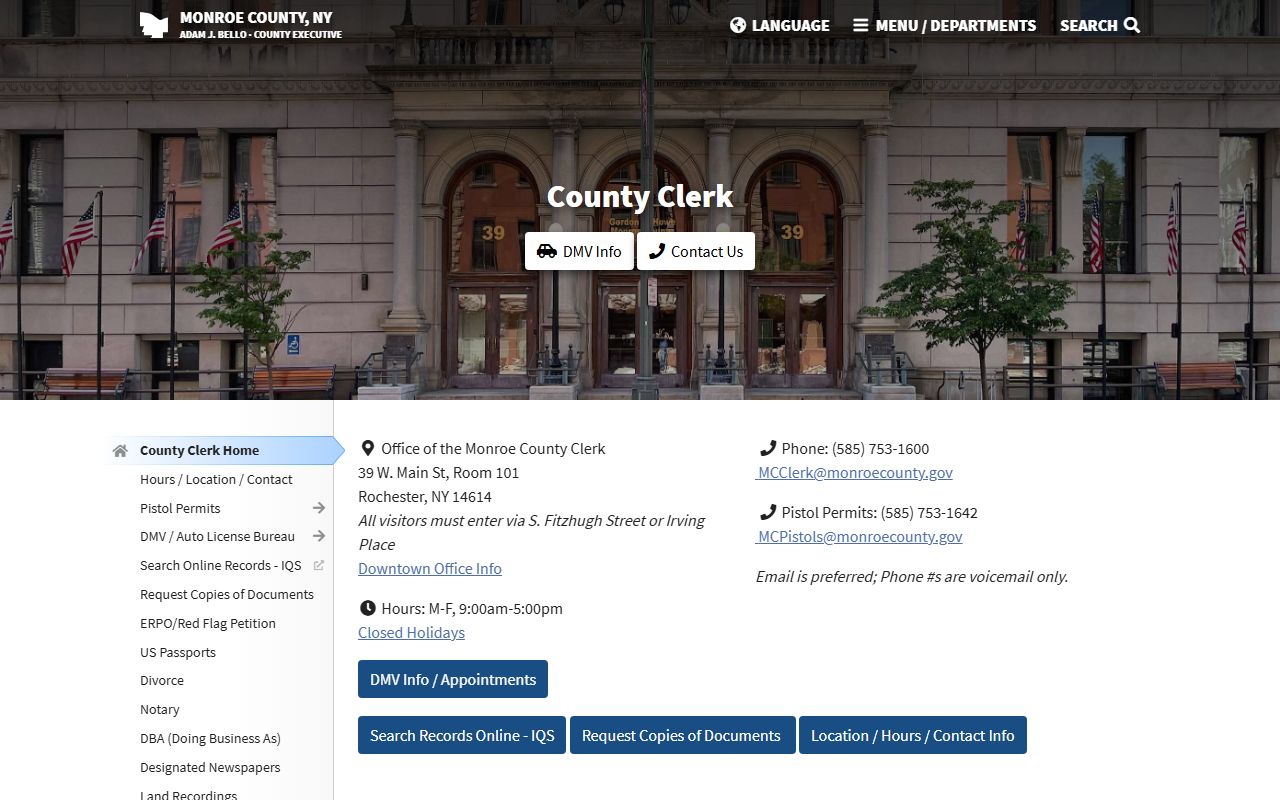 Monroe County Clerk office website showing services and contact information for public records