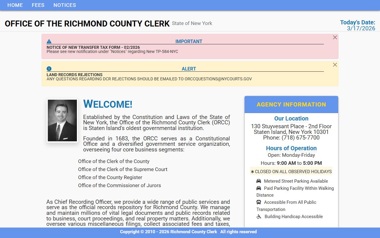 Richmond County Clerk website showing public records services for Staten Island residents