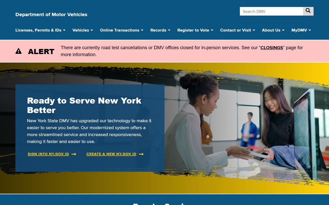 New York State DMV website showing online services and record request options