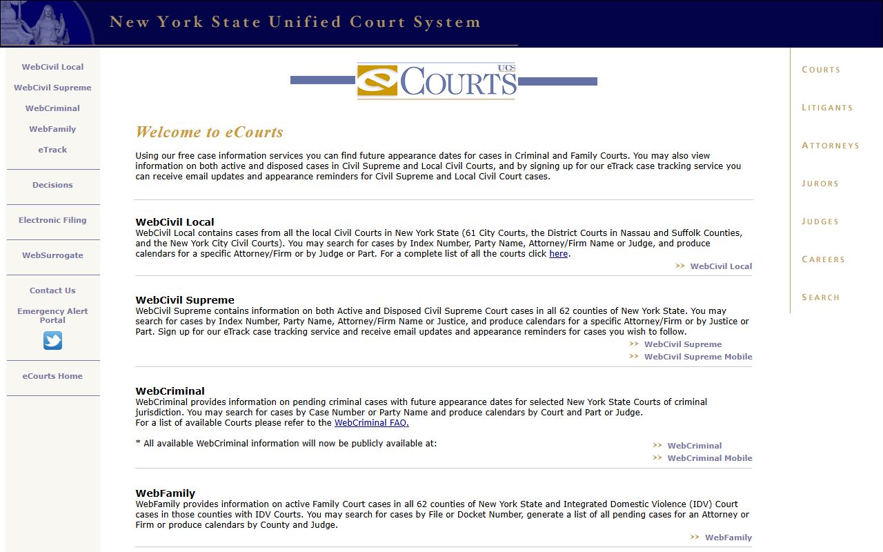 New York State eCourts system for searching court records in the residents directory