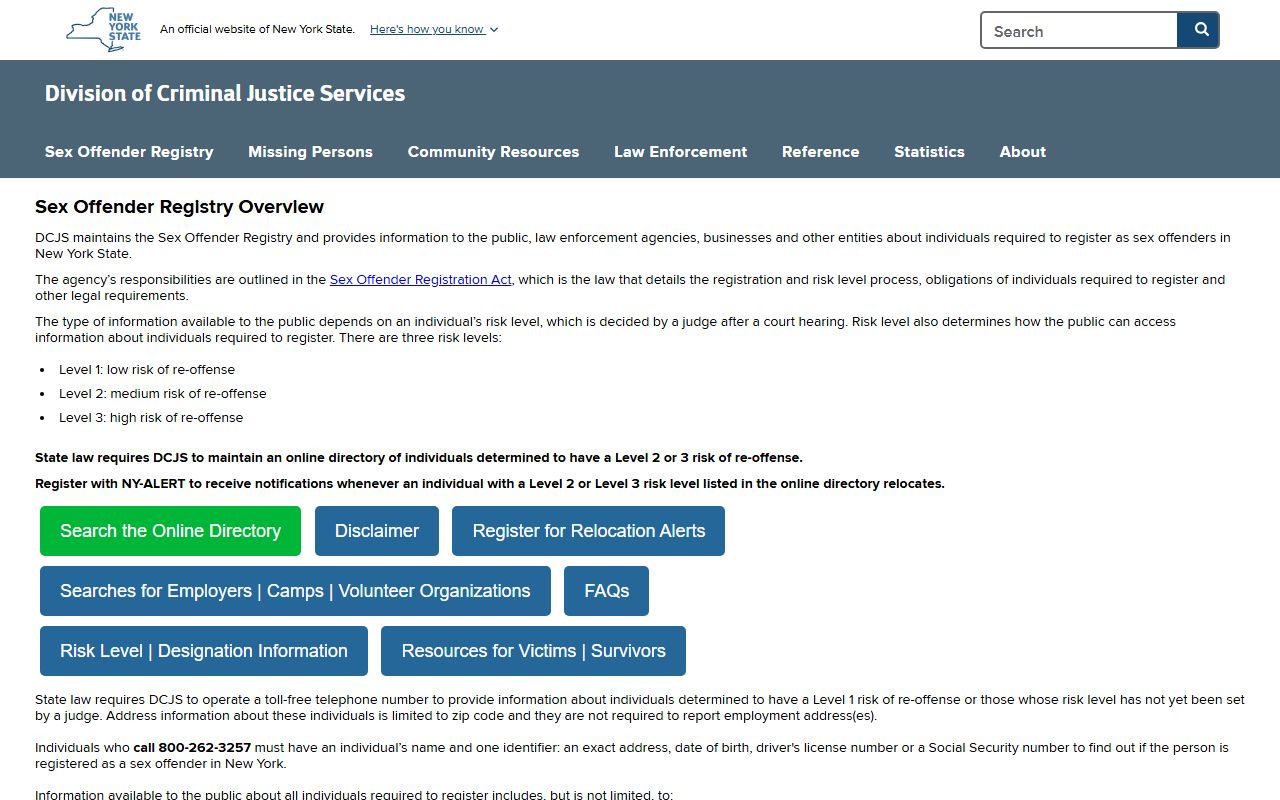 New York State Sex Offender Registry search portal used in the residents directory