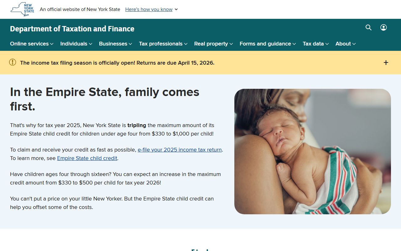 New York State Tax Department website showing online services and tax record search options