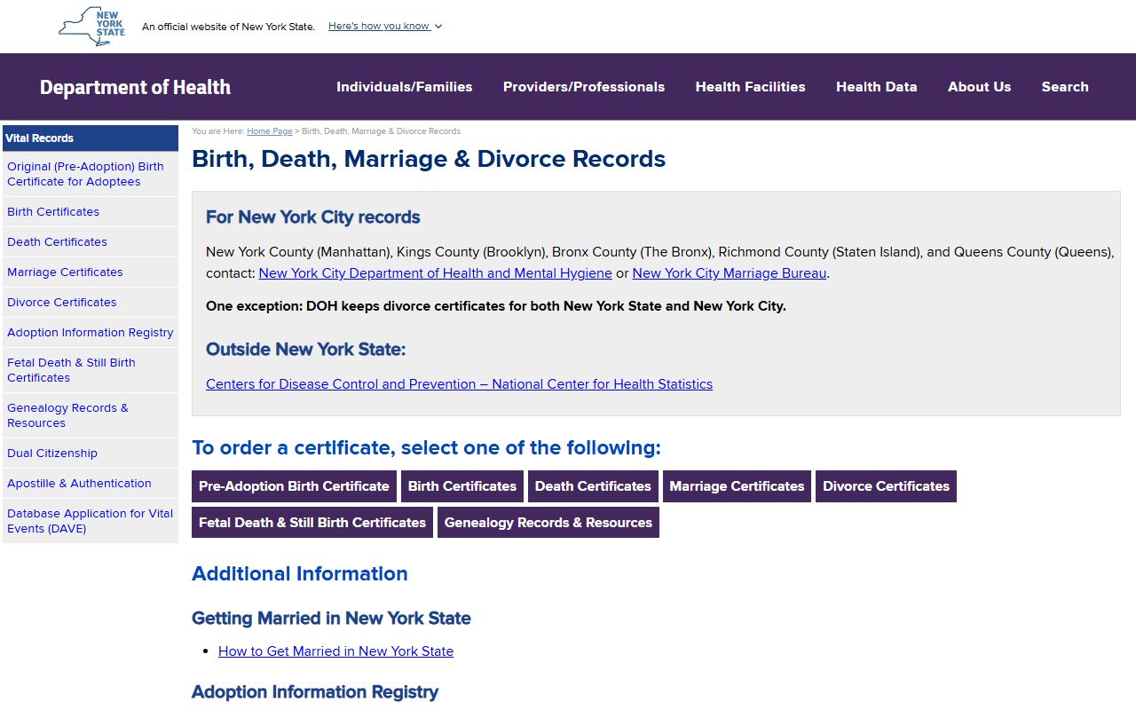 New York State vital records department page showing options for ordering birth, death, and marriage certificates